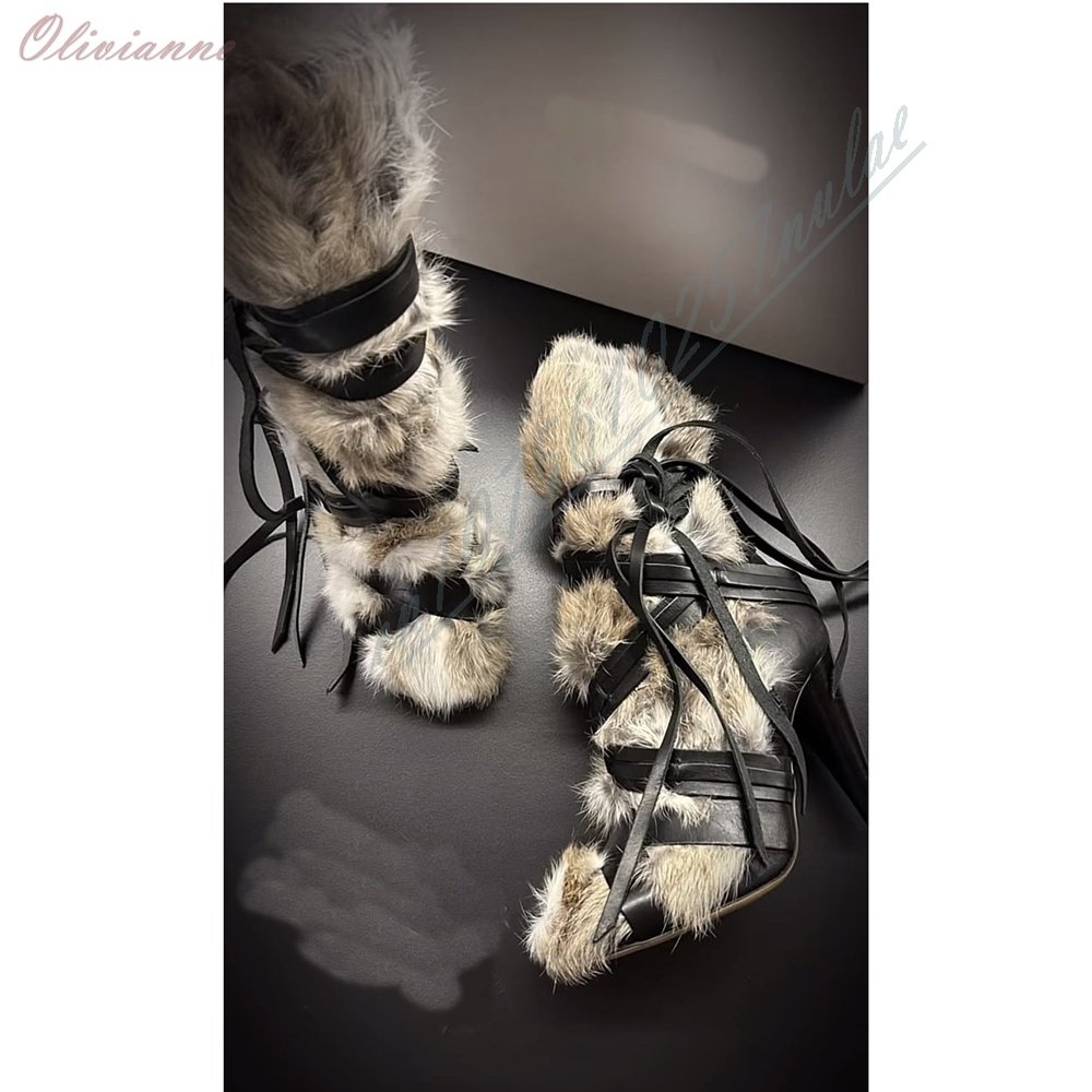 Street Fashion Photoshoot - Fashion Ladies Multi‑Color Furry Mid‑Calf Boots